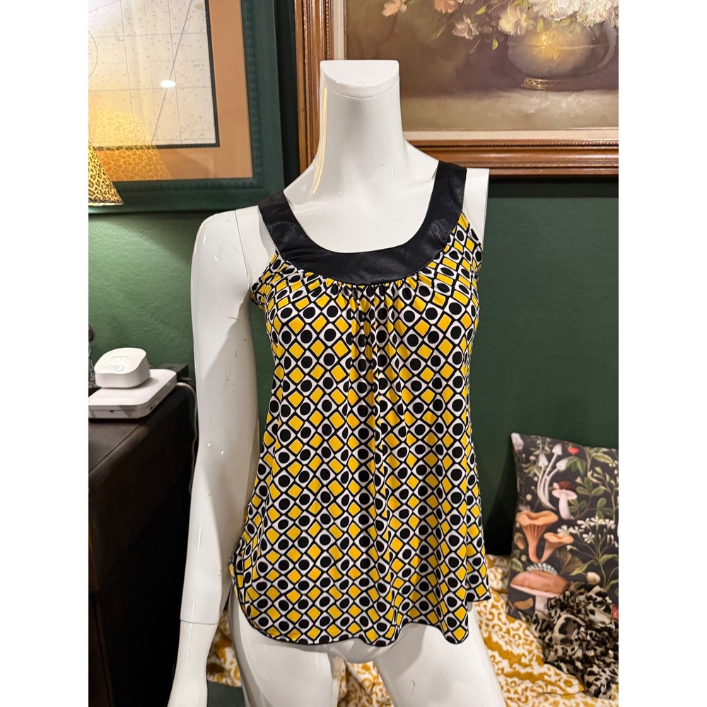 A. Byer Womens Yellow Black Geometric Print Satin Trim Tank Top Blouse Size S
